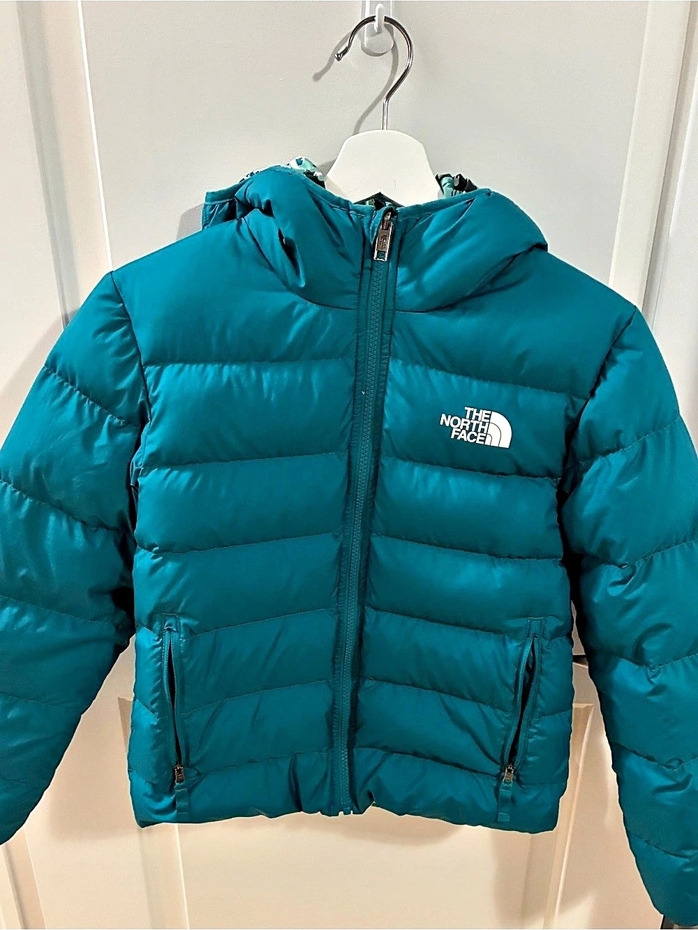 The North Face Kids' Reversible Perrito Hooded Jacket Blue & Green Girls Large